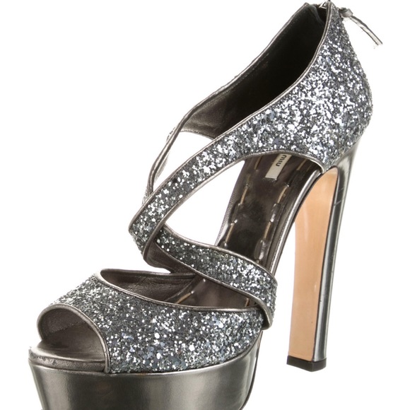 Miu Miu Platform Sandal leather coarse glitter grey metallic - Picture 2 of 5